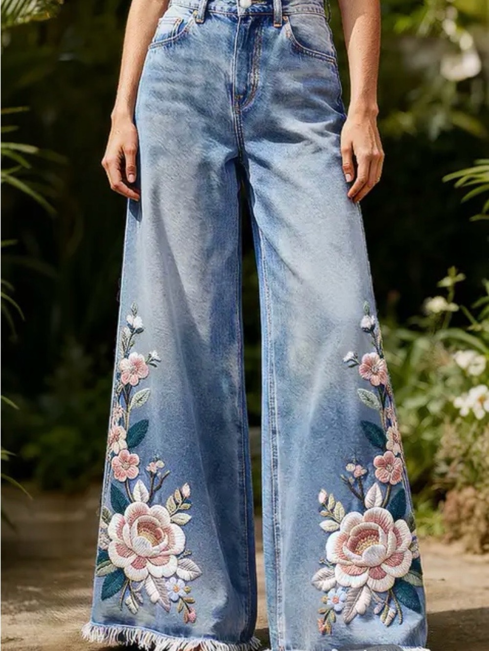 Flamingals Womens Embroidered Floral Wide Leg Jeans Size S Boho Western Festival